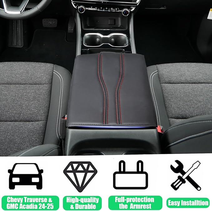 Center Console Cover for Chevy Traverse & GMC Acadia 2024 2025 2026 - Premium Leather Armrest Protector| 1:1 Custom Fit| Scratch-Resistant & Stylish Interior Upgrade (Red Stitch)