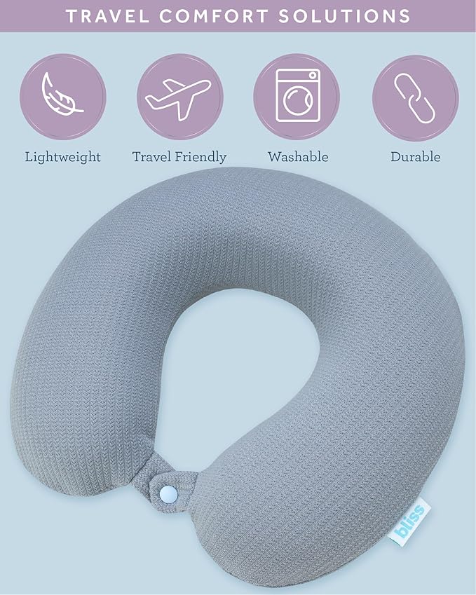 Bliss Neck Pillow - Lightweight U-Shaped Memory Foam Travel Neck Pillow with Snap Closure for Airplanes, Traveling, Offices, Cars, Grey Sweater Knit