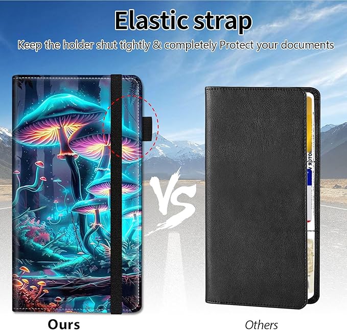 Qindaiwen Car Registration and Insurance Holder, Vehicle Card Document Elastic Band Closure Glove Box Organizer, Driver License Cards, Car Accessories for Essential Info, Colourful Mushroom 02