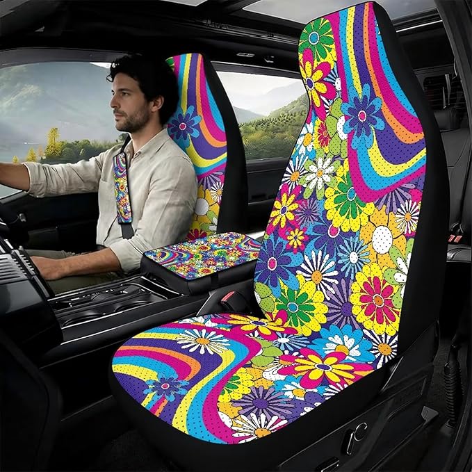 Psesaysky Hippie Flower Auto Accessories Decor Set of 5, Leather Armrest Covers, 2 Piece Seabelt Pads, Breathable Front Seat Protectors Universal Fit for Car Truck SUV