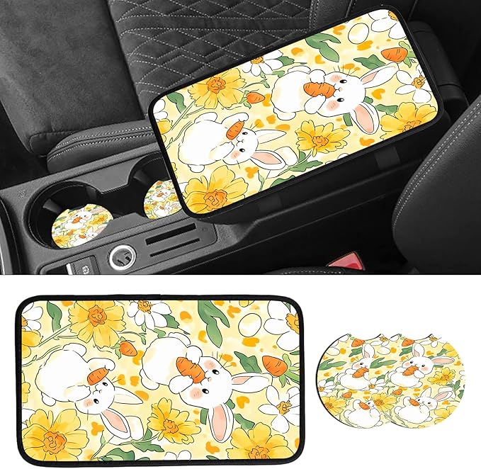 JANENFNA Car Armrest Cover Pads Universal Fashion Cute Auto Center Console Armrest Cover Pad with 2PCS Car Coasters Soft Waterproof Car Armrest Seat Protector for Women,Cute Rabbit