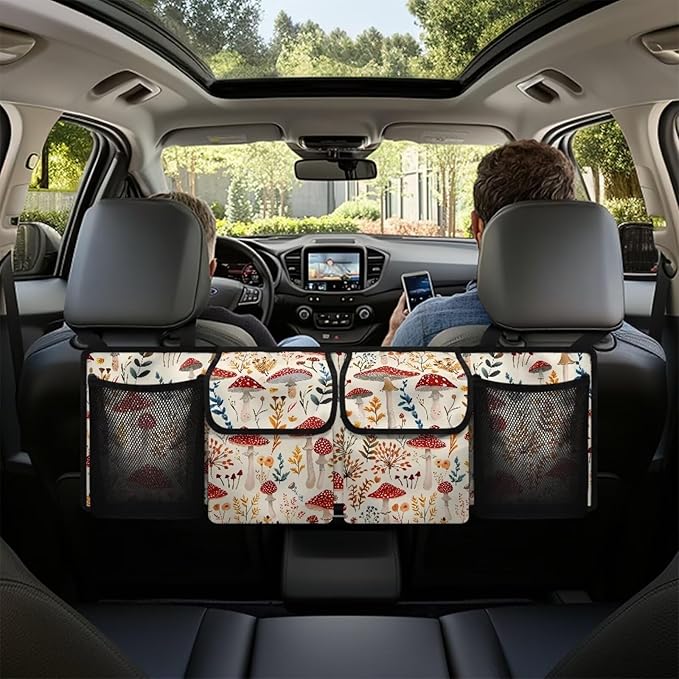 Car Trunk Organizers, Mushroom Backseat Hanging Organizer with 4 Large Storage Bag, Waterproof Car Organizer with Adjustable Strap, Road Trip Large Capacity Bag