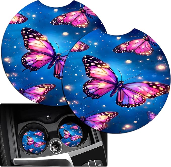 JANENFNA Car Armrest Cover Pads Universal Fashion Cute Auto Center Console Armrest Cover Pad with 2PCS Car Coasters Soft Waterproof Car Armrest Seat Protector for Women,Glowing Butterflies