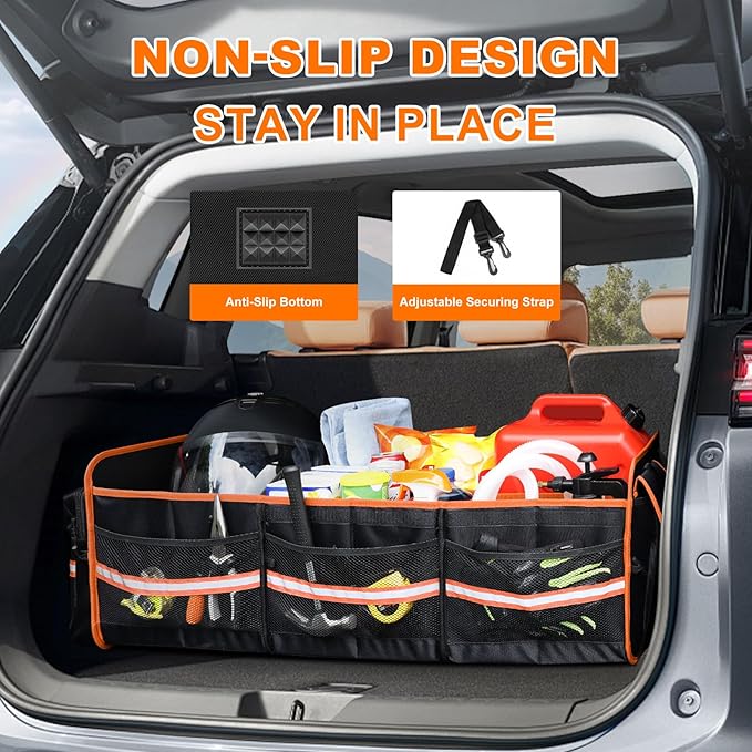 SKYJDM 95L Car Trunk Organizer with Removable Cooler Bag, Collapsible Trunk Storage Organizer with Removable Lid - Multi Compartment Waterproof Storage Organization, Fits Most Car, Truck, Orange