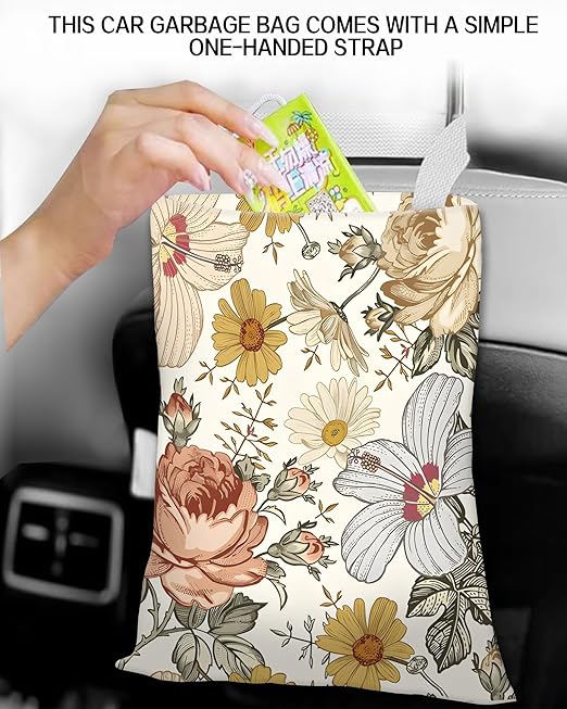 ANKVRP Car Trash Can, Durable Hanging Car Trash Garbage Bag, Cute Automotive Garbage Cans Organizer, Retro White Flowers