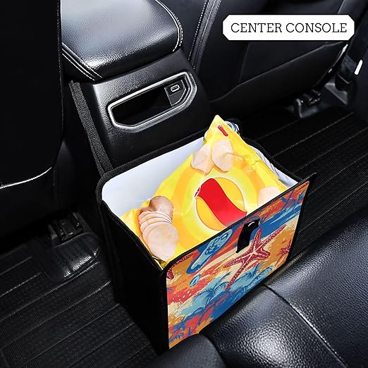 Car Trash Can Organizer Bin with Adjustable Strap for Back Front Seat Console Waterproof Leakproof Collapsible Portable 11 Inch Bright Summer Beach Starfish and Palm Tree