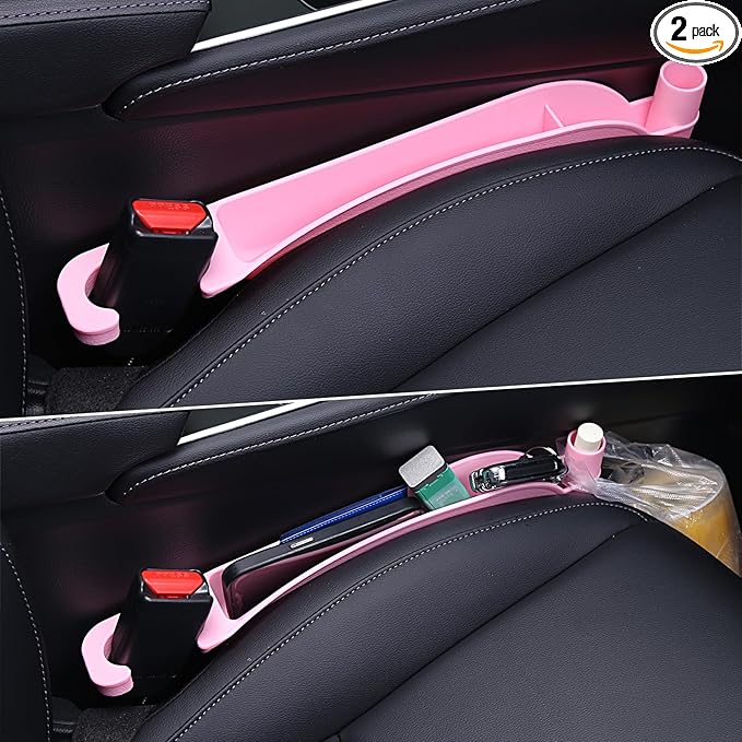Supin Car Seat Gap Filler Set of 2, Multifunctional Seat Side Gap Filler with Organizer & Hook Function& 2 Storage for Stabilizing Phone,Keys Wallet, Fill The Gap Between Seat & Console (Pink)