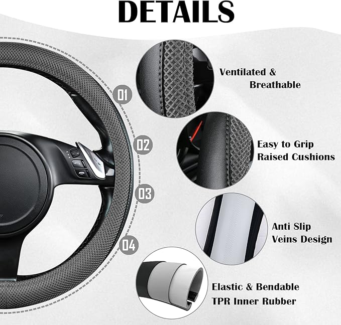 CAR PASS 3D Air Mesh Car Seat Covers Full Sets w/5mm Sponge, 4Pcs Waterproof Car Floor Mats, Steering Wheel Cover Universal Fit for SUV Sedan Truck, Airbag Compatible Automotive Interior(Black Gray)