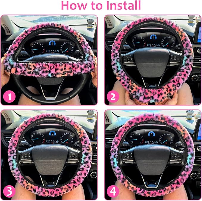 Accmor Fuzzy Car Steering Wheel Cover, Universal Fit Fluffy Auto Wheel Cover & Handbrake Cover & Gear Shift Cover Set, Leopard Print, Car Steering Wheel Cover Protector for Women Girls (Colorful)
