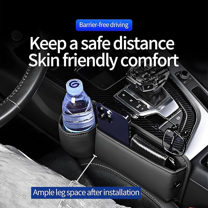 Car Seat Gap Filler Organizer, Universal Premium Leather Seat Organizer with Cup Holder, Seat Gap Storage Box with Bottle Holder, Car Leather Gap Bag Front Center Console Seat (Passenger Side)