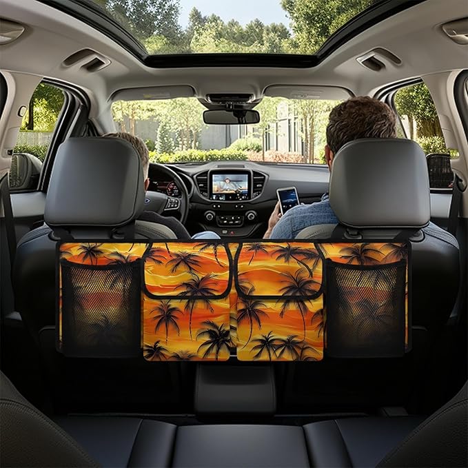 CLOHOMIN Sunset Car Seatback Organizer Coconut Tree Car Trunk Organizer Hanging Car Storage Bags with 4 Pockets Orange Car Trunk Mesh Storage Car Decor