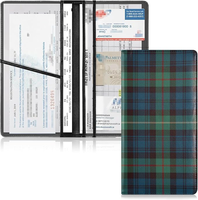 GuoChe Plaid Tartan Car Registration and Insurance Holder Glove Box Organizer Car Document Holder Auto Glove Compartment Essential Blue Green