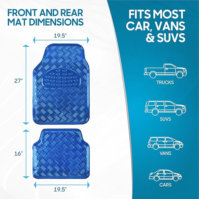 BDK Metallic Chrome Car Floor Mats All-Weather Universal Fit Automotive Floor Mats for Cars SUVs, Floor Mats for Trucks, Car Mats Full Set Front & Rear, Non-Slip Backing - Blue