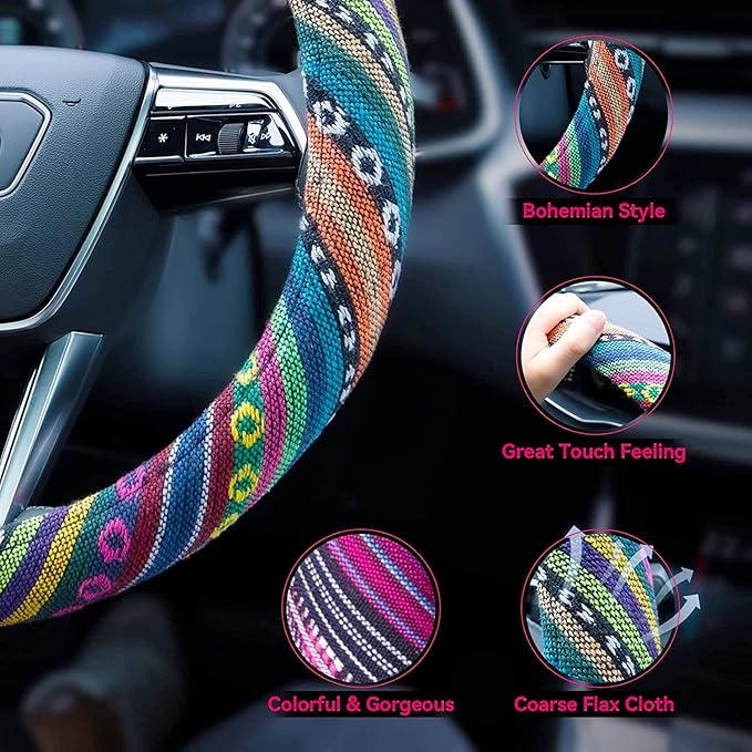 Limsas Boho Steering Wheel Cover Elastic Microfiber for Women, Universal Fit 15 inch Car SUV, Hippie Style Protector Cover, Anti-Slip, Breathable, Absorbing Sweat - 01