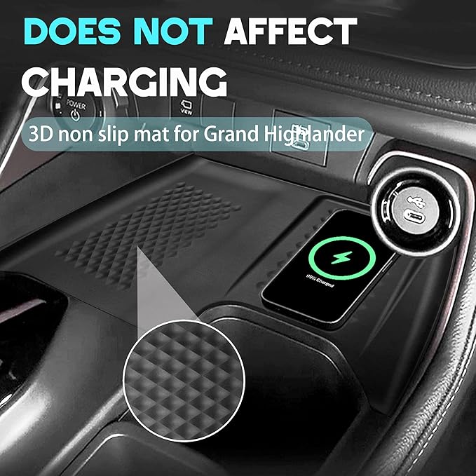Wireless Charging Non-Slip Mat for Grand Highlander 2024 2025 2026 Black Silicone Protective Pad Center Console Phone Charger Pad Liners Anti-Scratch Waterproof Interior Accessories
