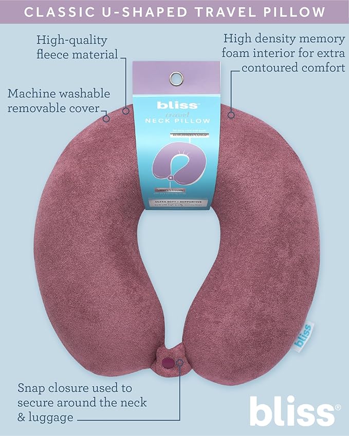 Bliss Neck Pillow - Lightweight U-Shaped Memory Foam Travel Neck Pillow with Snap Closure for Airplanes, Traveling, Offices, Cars, Mauve Terry