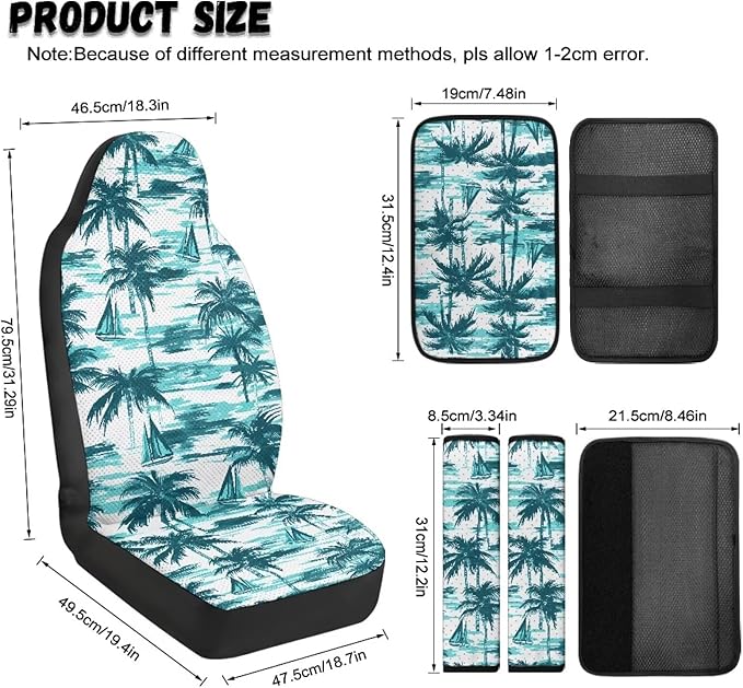 Qeluxign Car Seat Cover Set with Armrest Cover Cushion PU Automotive Car Cover and Seat Belt Shoulder Straps Pad, Universal Fit for Truck Sedan SUV, Pack of 5,Turquoise Palm Tree Sailboat