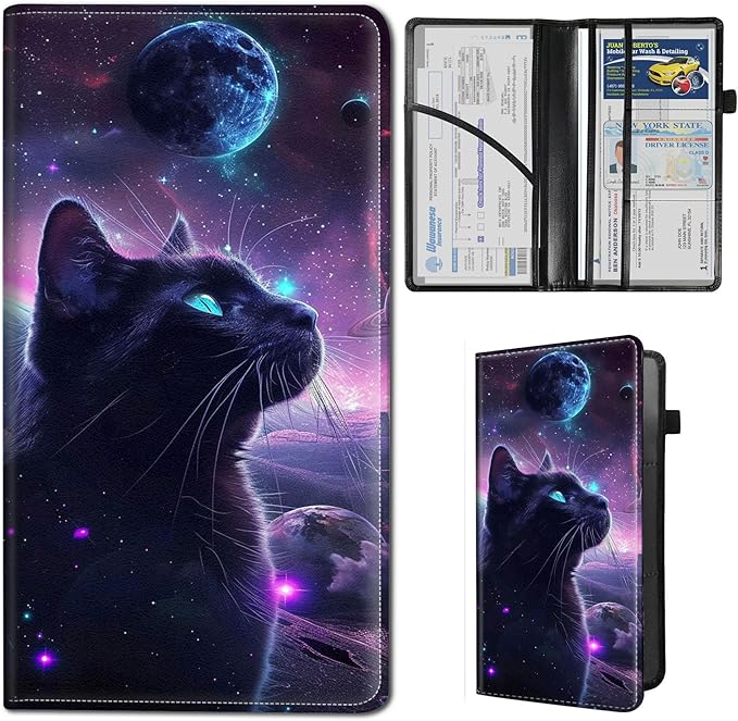 Qindaiwen Car Registration and Insurance Holder, Vehicle Card Document Elastic Band Closure Glove Box Organizer, Driver License Cards, Car Accessories for Essential Info, Galaxy Cat 02