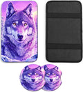 JANENFNA Car Armrest Cover Pads Universal Fashion Cute Auto Center Console Armrest Cover Pad with 2PCS Car Coasters Soft Waterproof Car Armrest Seat Protector for Women,Purple Snow Wolf