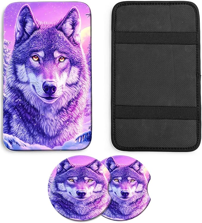 JANENFNA Car Armrest Cover Pads Universal Fashion Cute Auto Center Console Armrest Cover Pad with 2PCS Car Coasters Soft Waterproof Car Armrest Seat Protector for Women,Purple Snow Wolf