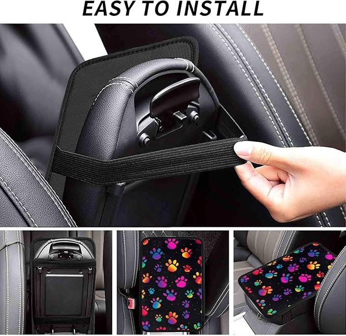 indokyeyqaz Universal Car Center Console Cushion Pad, Colorful Dog Paw Prints Soft Waterproof Car Center Console Cover Auto Armrest Seat Box Cover Protector for Most Vehicle SUV Truck Car
