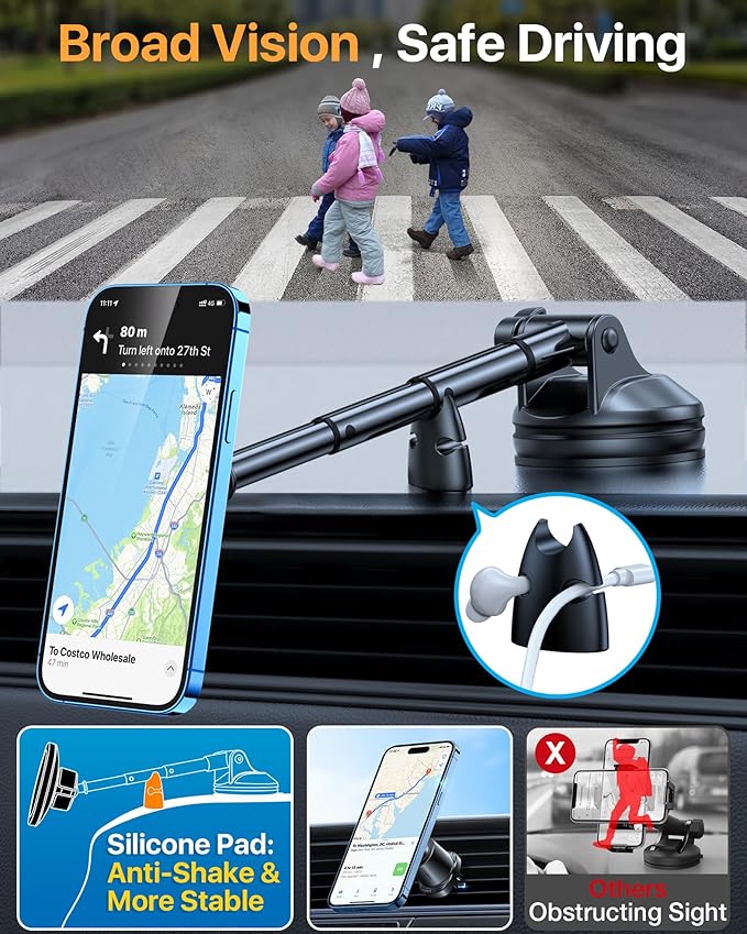 HTU 2025 Upgraded for Magsafe Car Mount [80LBS Strongest Suction & Military-Grade] Powerful Magnetic Cell Phone Holder for Car Dashboard Windshield for iPhone 16 15 14 Pro Max Mini (Dark Grey)