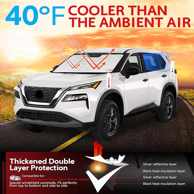 KAYZT Windshield Sun Shade for 2017-2024 Nissan Rogue Sport (Not for Rogue) Foldable Sunshade Front Window Custom Fit Car Accessories