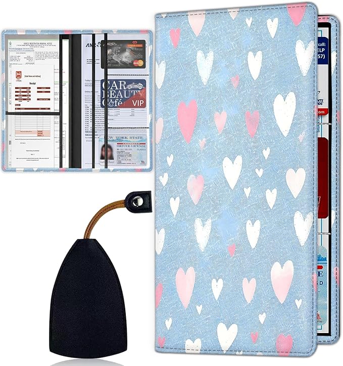 Car Registration and Insurance Card Holder for Women Men, Waterproof PU Leather Glove Box Car Organizer with Magnetic Shut, Vehicle Document Holder for Driver License,Cards, Colorful Love Peach