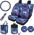 10 Piece Car Seat Cover Sets for Women and Men, Galaxy Wolf Printed Car Front and Back Seat Protector Steering Wheel Cover Trash Can Air Vent Storage Bag Wristlet Keychain