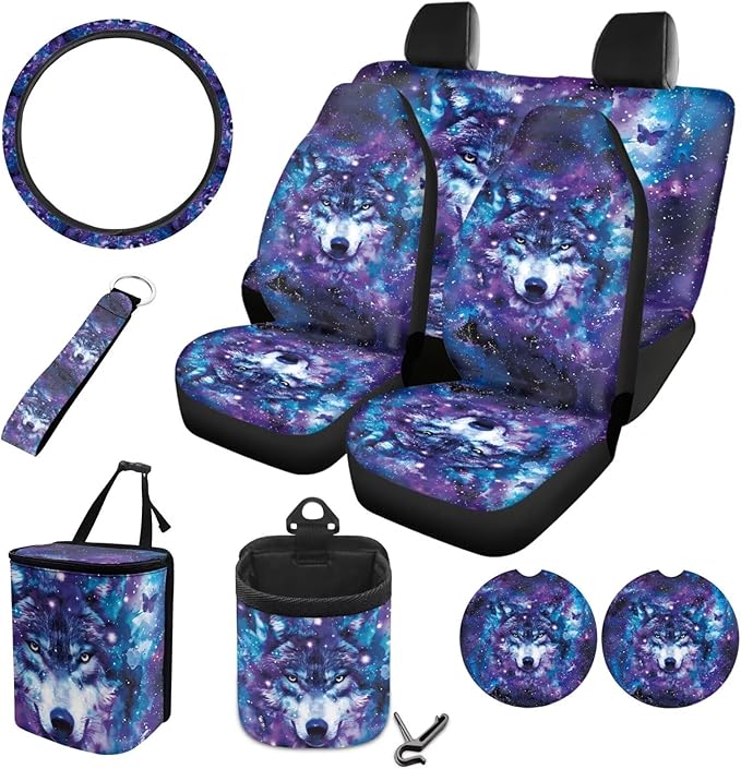 10 Piece Car Seat Cover Sets for Women and Men, Galaxy Wolf Printed Car Front and Back Seat Protector Steering Wheel Cover Trash Can Air Vent Storage Bag Wristlet Keychain