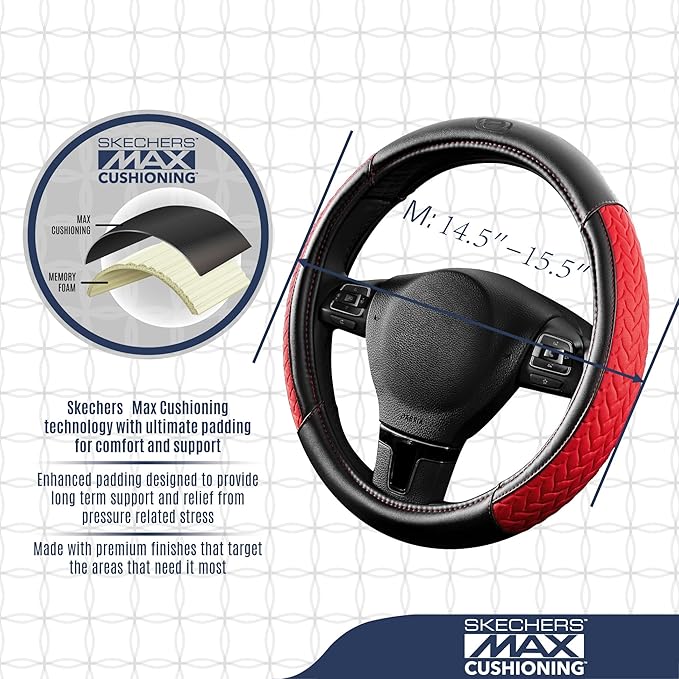 Skechers Steering Wheel Cover,Max Cushioning Leather Steering Wheel Cover Universal Fit 14" 1/2-15" Car Wheel Protector for Men Women Fit Suvs,Vans,Sedans,Car,Trucks,Red