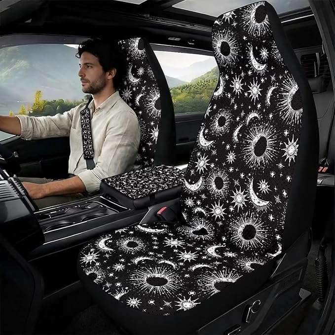Qeluxign PU Leather Car Seat Covers Set - Sun Moon Star-Includes 2 Seat Protectors, 2 Shoulder Pad Covers, 1 Armrest Cover for Car Decoration