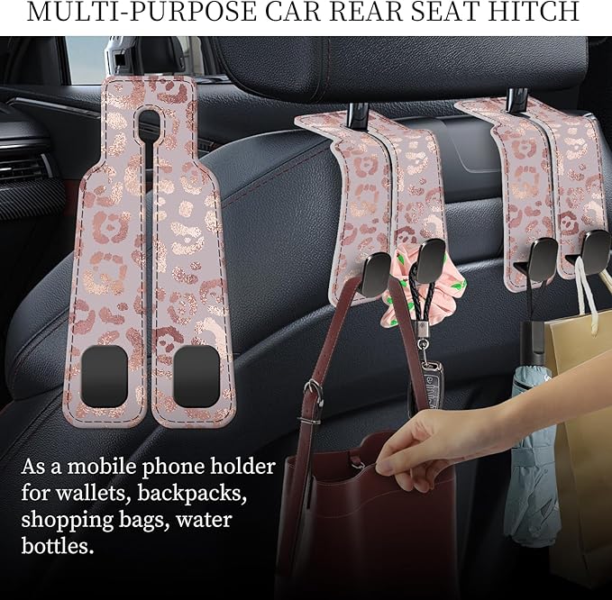 AXRQLSU PU Leather Car Seat Hook, Storage Headrest Hanger, Cute Car Backseat Organizer, Car Hooks For Purses and Bags Pink Leopard Print