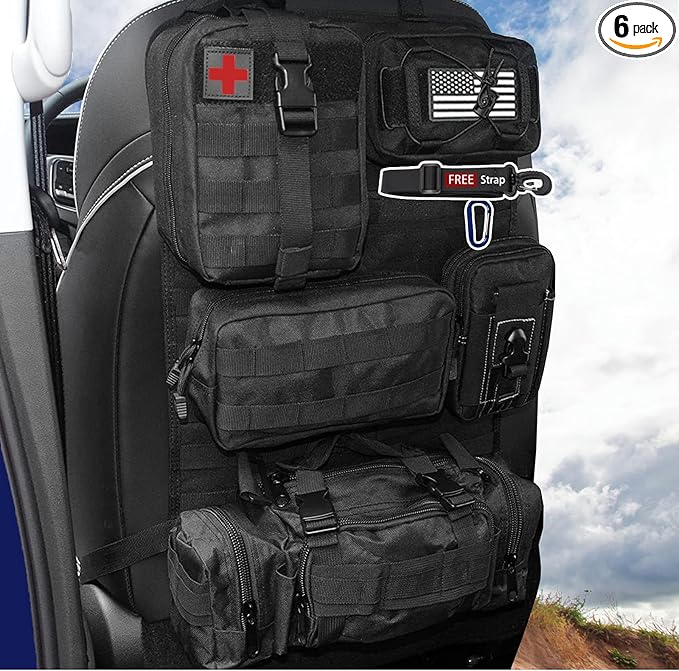 MEAUTELE 6 Pack Tactical Molle Automotive Seat Back Organizer Tactical Vehicle Panel Organizer with 5 Detachable Molle Pouch for Car Truck Ford Jeep Vehicle,US Flag Patch For Man (5 Pouches)