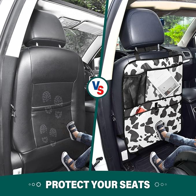 JIPONI Car Backseat Organizer, Cow Print 3 Automotive Back Seat Protector, Kick Mats with Storage Pockets for Kids Pets, Road Trip Accessories (2 Pack)