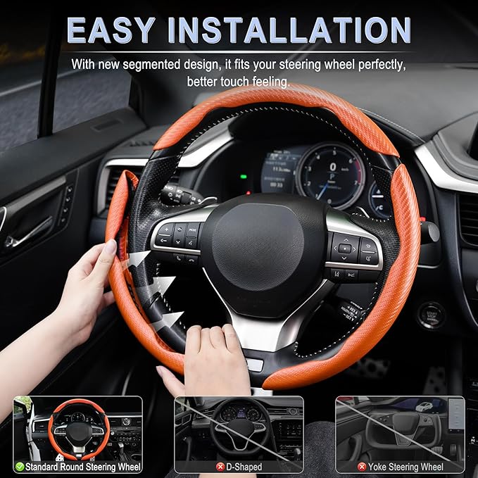 Amiss 3pcs Carbon Fiber Anti-Skid Steering Wheel Cover, Waterproof & Segmented Butterfly Design, Universal 99% Vehicle Wheel Cover Protector, Car Interior Accessories, Orange