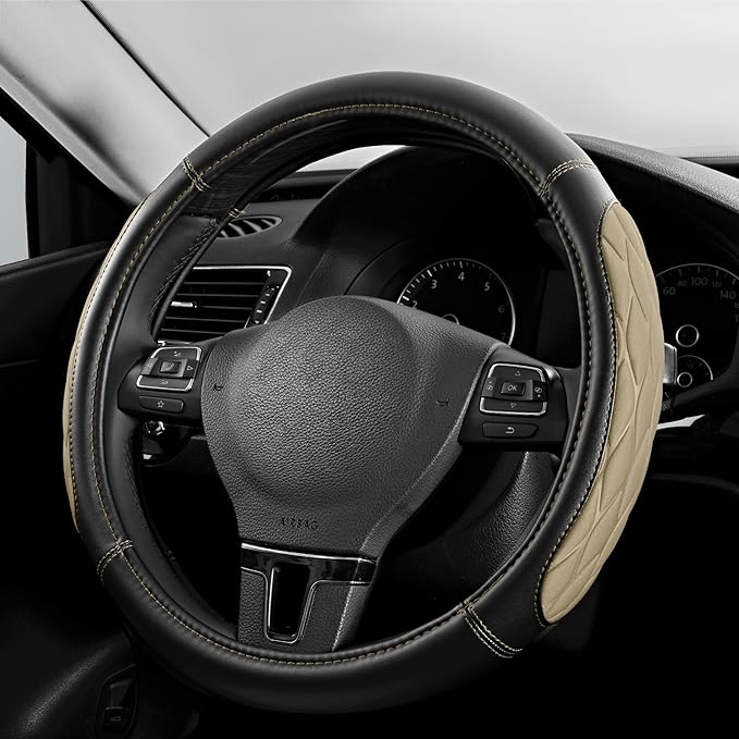 PIC AUTO Steering Wheel Cover, Beige Thick Rhombic Foam and Premium Leather, Universal 14.5-15.5 Inch Breathable Anti-Slip Steering Wheels Accessories for Men & Women