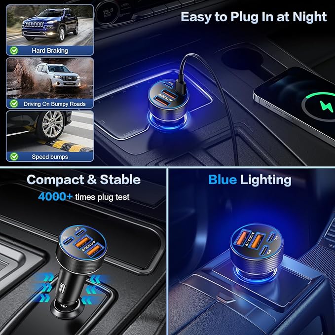 USB C Car Charger, Multi Port 90W Super Fast Charging Cigarette Lighter Adapter, 4-in-1 Dual USB-C & USB-A Car Phone Power Adapter for iPhone 17/16/15/Pro Max, iPad, Samsung Galaxy S25 (Black, 1-Pack)