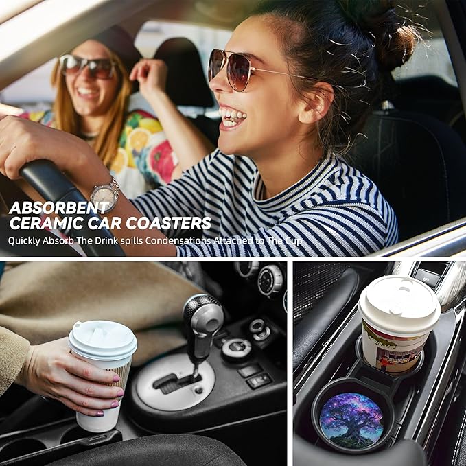 HUWAAI Tree Life Sky Galaxy Car Cup Holder Coasters 2 Pack Universal 2.63 Inch Anti Slip Ceramic Absorbent Coaster with Cork Base and Finger Notch Cute Car Accessories Interior for Women