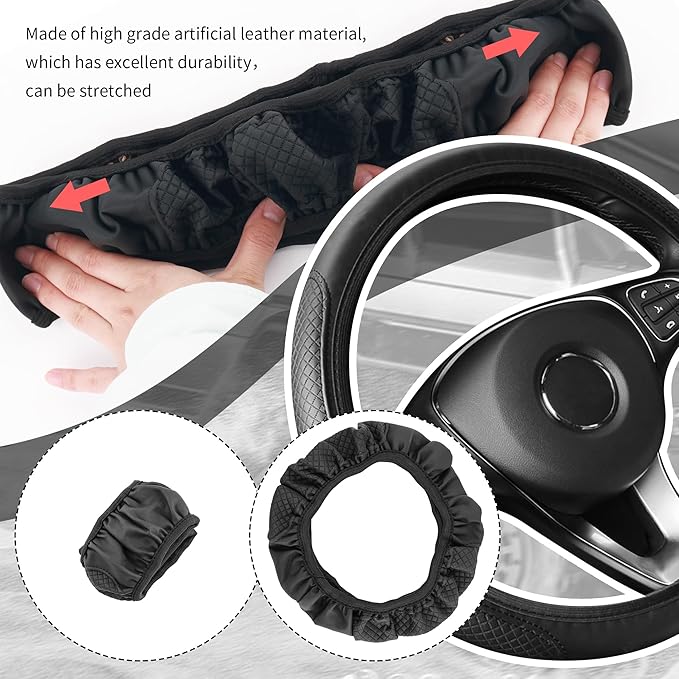 Leather Steering Wheel Cover,Anti Slip Car Steering Wheel Cover for Car Decorations & Steering Wheel Protections,Universal 15Inch Wheel Cover Car Interior Accessories for Men & Women (Black+Red)