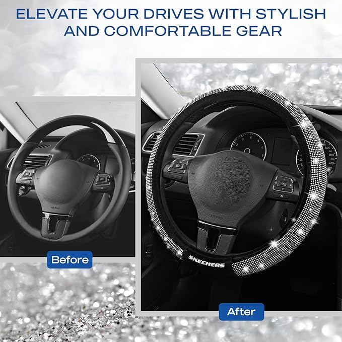 Skechers Women’s Bling Steering Wheel Cover, Velvet with Sparkly Crystal Rhinestones, Stylish Car Interior Gift, Universal Fit 14" 1/2-15" for Cars, SUVs, Trucks, Silver Diamond