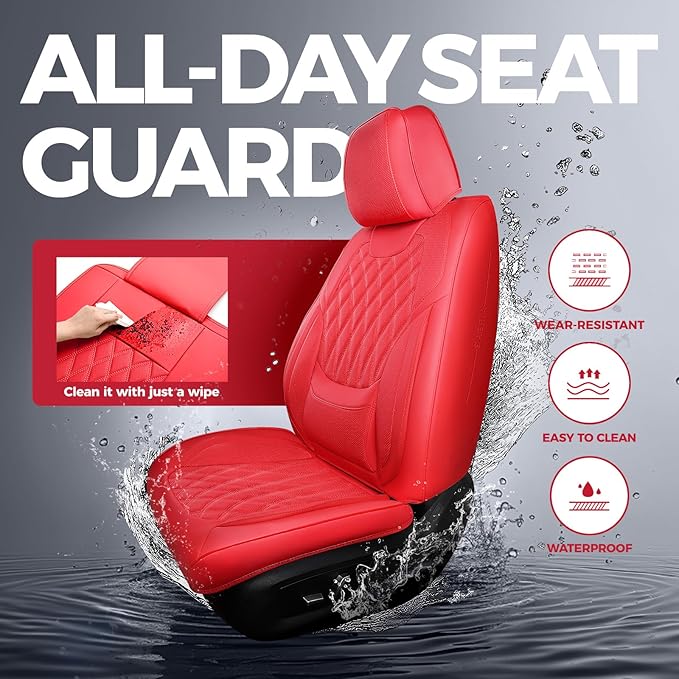 FREESOO Car Seat Covers Front Seats - Luxury Breathable Waterproof Faux Leather Car Seat Cover Protectors with Lumbar Support, Universal Fit for Most 5 Seats Vehicles Sedans Hatchbacks Pick-ups, Red