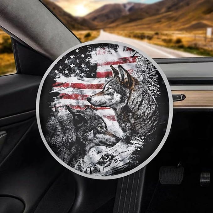 Vintage American Flag Wolf Pattern Car Steering Wheel Sun Shade Cover Universal Steering Wheel Sun Heat Shield Steering Wheel UV Reflector Shade Cover for Truck Car SUV Van