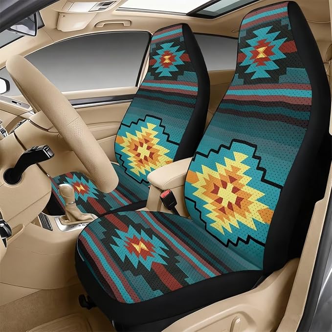FUSURIRE Abstract Geometry Print Car Seat Cover Set with Center Console Armrest Covers Cushion and Seat Belt Shoulder Straps Pad 5pcs PU Car Accessories for Truck Sedan SUV