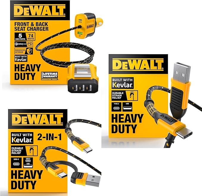 DEWALT Heavy Duty 72W 5 Port USB Car Charger Multiport, iPhone 16 Multi USB Car Charger, Fast Charge PD & QC3.0 Cigarette Lighter Adapter w/ 6FT Cable, Type C Front/Back Charging for Multiple Devices