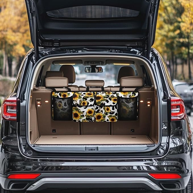 CLOHOMIN Cow Print Trunk Organizer for Car Sunflower Trunk Organizers for SUV Truck Van Collapsible Trunk Storage Organizer Backseat Hanging Car Organizer with 4 Pockets