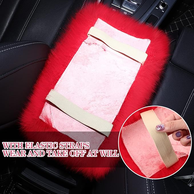 Frienda Furry Armrest Cover Auto Center Console Cover Car Soft Console Pad, Real Sheepskin Wool Soft Fluffy Auto Center Armrest Pad for Most Car Decoration Protector(Red)