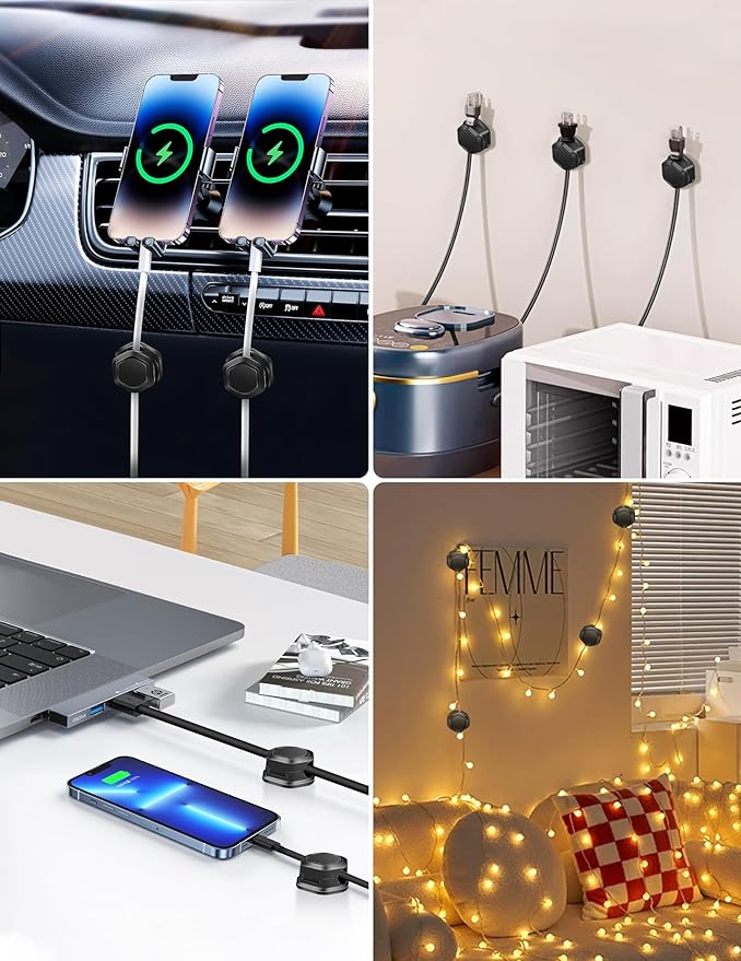 12Pack Magnetic Cable Clips - Cord Holder - Cord Organizer for Desk - Magnetic Cord Organizer, Adhesive Wire Holder Keeper Organizer for Desk, Nightstand, Phone Charger, Computer, Home, Office, Car