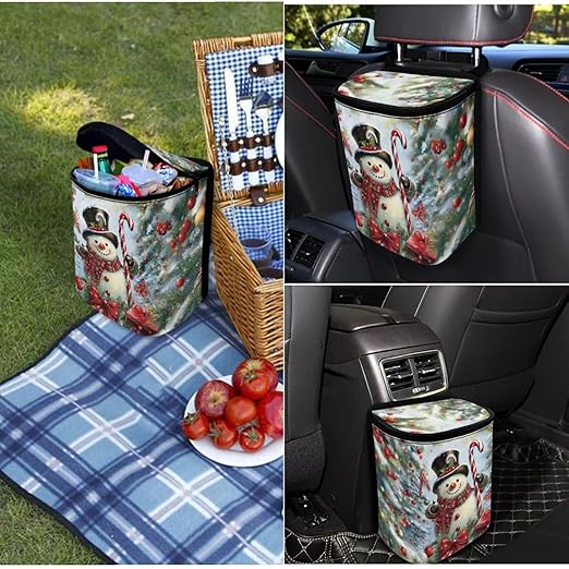 Christmas Snowman Printed Car Trash Can with Zipper Lid - 1.2 Gallons Car Garbage Bin Hanging for Back of Front Seats or Tail of Console, Easy to Install, Multi-Scene Use for Car or Camping