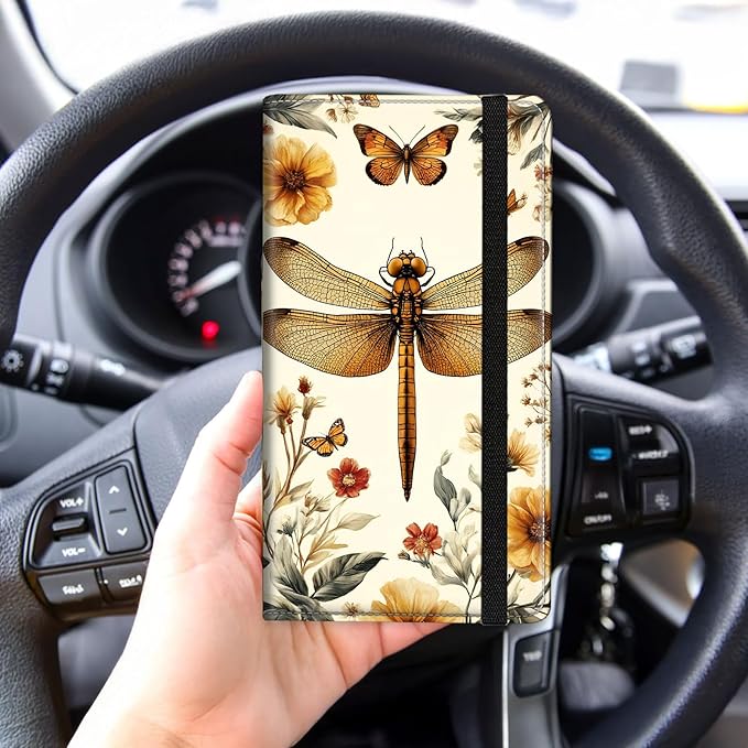 Tudguiloae Car Registration and Insurance Card Holder, Trunk Document Holder Organizer, Essential Vehicle Glove Box Organizer PU Leather Wallet for Driver,Vintage Dragonfly